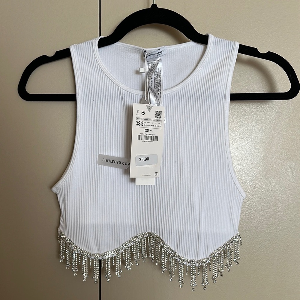 Zara White Rhinestone Seamless Top XS/S